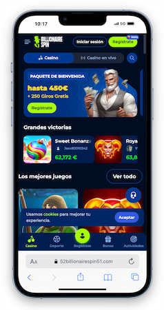 interfaz movil billionaire spin