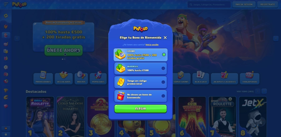 Selección del bono de bienvenida en Pistolo Casino