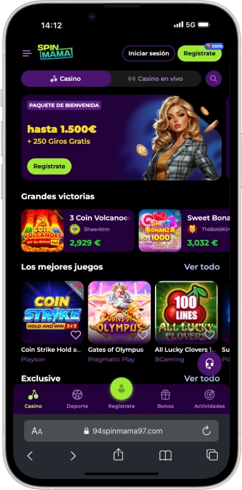 Interfaz móvil del Casino Spinmama