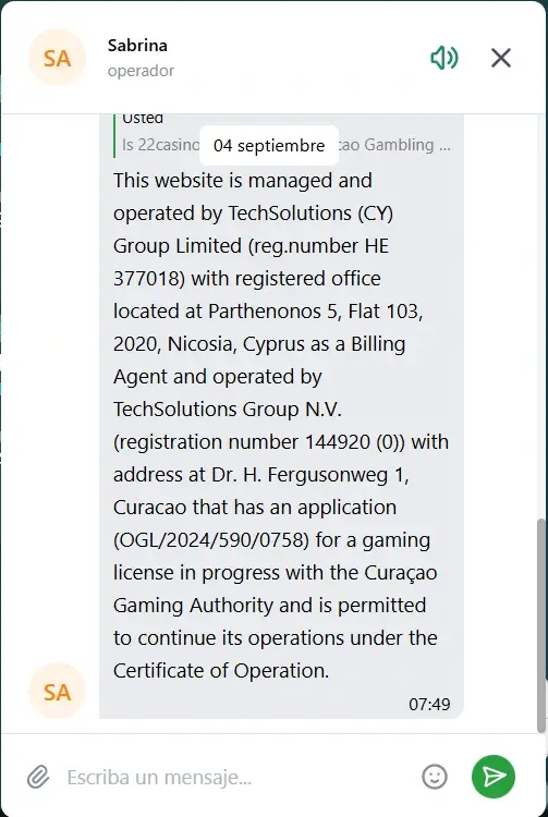 Chat en vivo con el servicio de atención 22Casino
