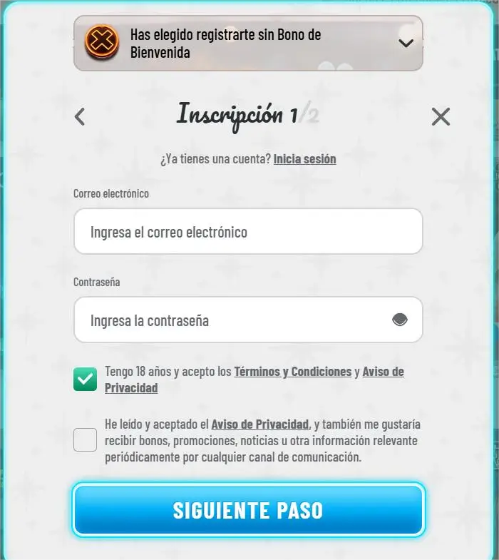 inscripción primera parte wyns casino